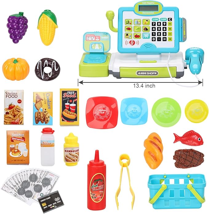 FS Pretend Play Cash Register Toys with Scanner, Calculator, Large Drawer, Microphone, Play Food, Supermarket Cashier Register Toy, Pre-School Gift for Kids, Toddlers, Boys & Girls, Ages 3 4 5 6 7 8