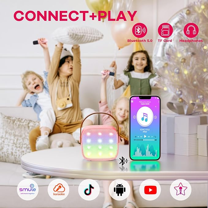 Mini Karaoke Machine for Kids Adults, Portable Bluetooth Speaker with 2 Wireless Microphones, Most Popular Toys Birthday Gifts for Girls 4, 5, 6, 7, 8, 9, 10, 11, 12+ Years Old Toddler Teens（Rose）