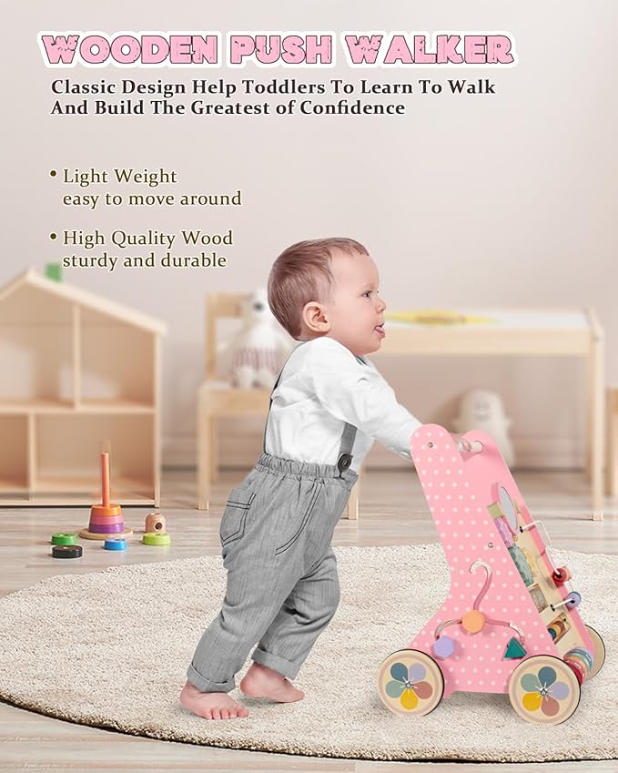 Wooden Baby Walker with Wheels, Baby Push Walkers for Girls 6-12 Months, Push Toys 1 Year Old Girl Small Size