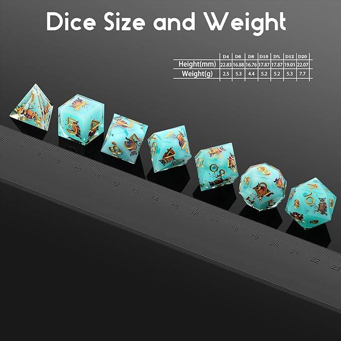 DNDND Owl Aqua Blue Translucent Resin Dice Set - 7-Piece Sharp Edge RPG Dice for D&D with Stickers, Handcrafted Premium Metal Case Gift
