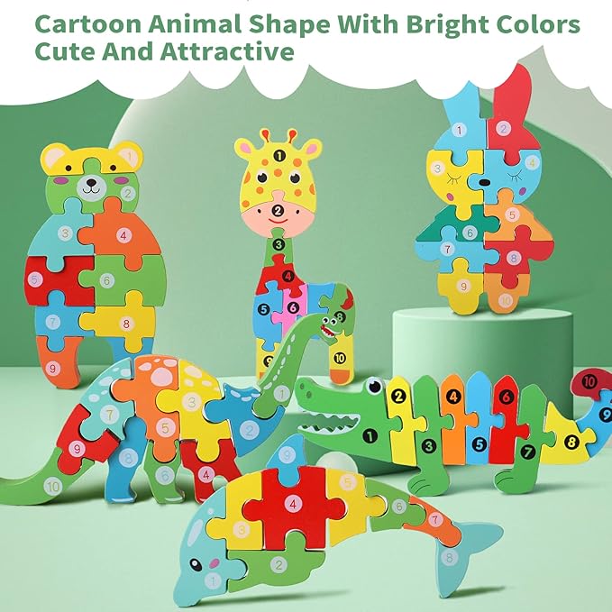 SHIERDU Wooden Puzzles for Kids, Toddler Number Puzzle, Old Wooden Dinosaur Puzzles and Animal Jigsaw Toys for Boy Girl Ideal Gift, 2-6 Years, Pack of 6, 2-1