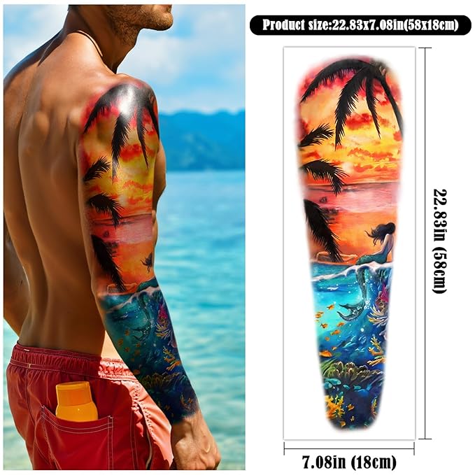 48 Sheets Temporary Tattoos for Adults - Tropical Waterproof Arm Tattoo Stickers with Hawaiian Beach Palm Trees Sunset Flowers, Large Full Arm Fake Tattoo Body Art for Men Women Teens for Summer Party