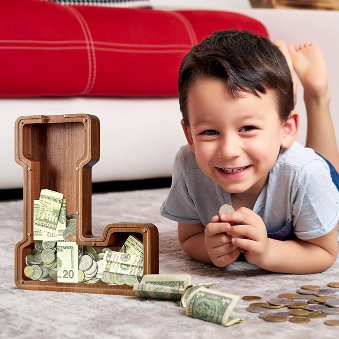 Summidate Large Wooden Piggy Bank for Kids Adults, Alphabets Letter A-Z Piggy Bank for Boys Girls, Coins Bills Change Bank Box Personalized Initial Name Kids Money Bank for Birthday Present and Decor