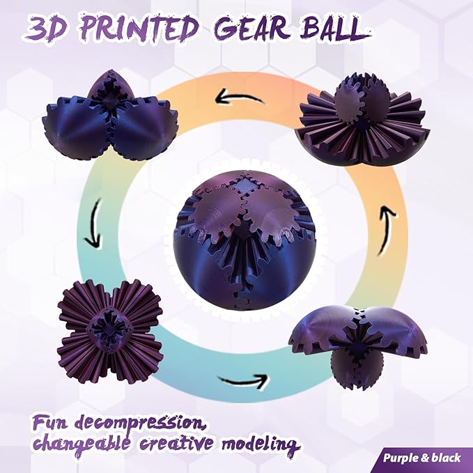 Gear Ball-3D Printed Gear Sphere,3D Printed Spin Ball Cube Fidget Toy,The Steampunk Whirling Wonder Fidget Ball Toy(Black Purple)