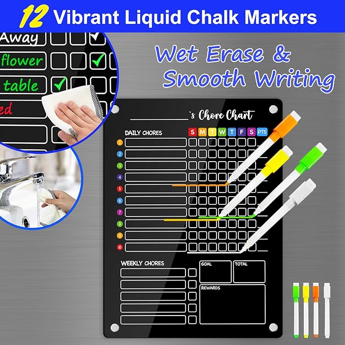 PigPotParty Black Acrylic Magnetic Chore Chart for Multiple Kids, 12"x16" Reward Responsibility Chart, 2 Pcs Daily Weekly Dry Erase Fridge Chore Board Checklist for Teens Adult, w/ 12 Markers & Towel