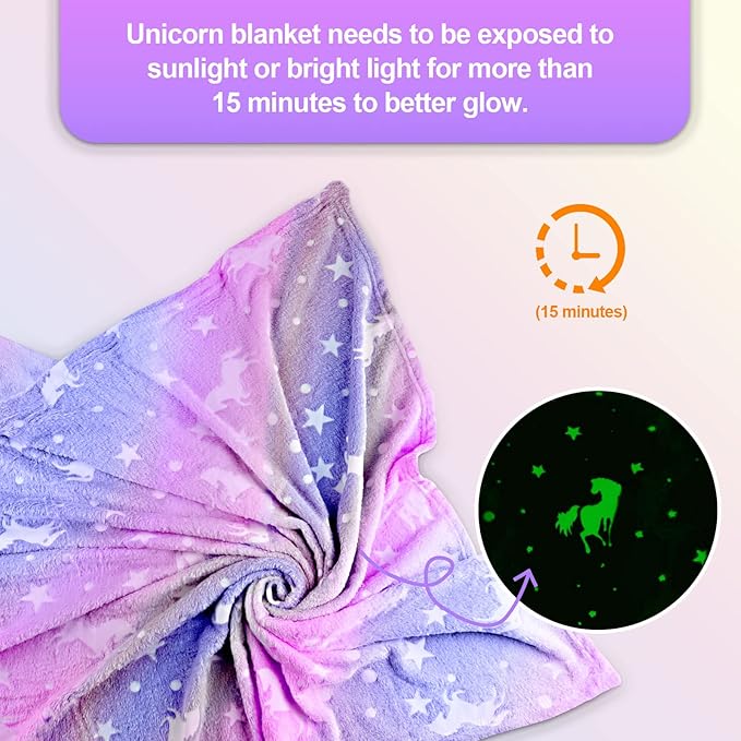 TEHALK Personalized Unicorn Blanket for Girls, Glow in The Dark, Fleece 60"x80"