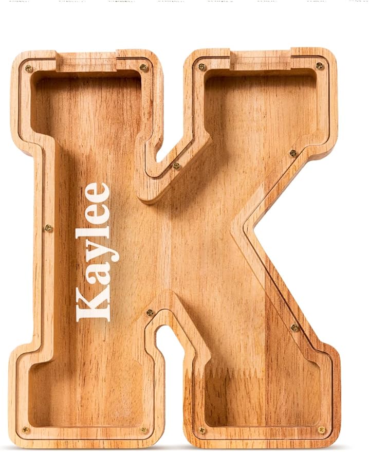 Summidate Customized Name Large Wooden Piggy Bank for Kids Boys Girls Alphabets Letter A-Z Coins Bills Money Change Bank Box Initial on Clear Cover (Laser Engraved) (Alphabet-K, Personalized-9")