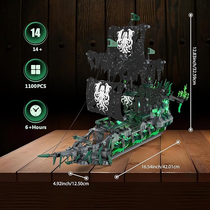 NUTCRACKER Pirate Ship Model Building Kits with LED Light, Ghost Ship Flying Dutchman Toy Building Set, Sailboat Model Home Easter Decor, Easter Birthday Gift for Adults Boys Girls（1100 Pieces）