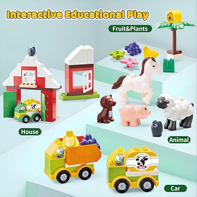 Building Blocks for Toddlers 1-3-5, Farm DIY Big Classic Building Bricks Toys Set for Kids Ages 2-4-5-8 With Barn, Animals, Truck, Compatible With All Major Brands, Gift Toy for 3-5 Boys Girls 74 Pcs