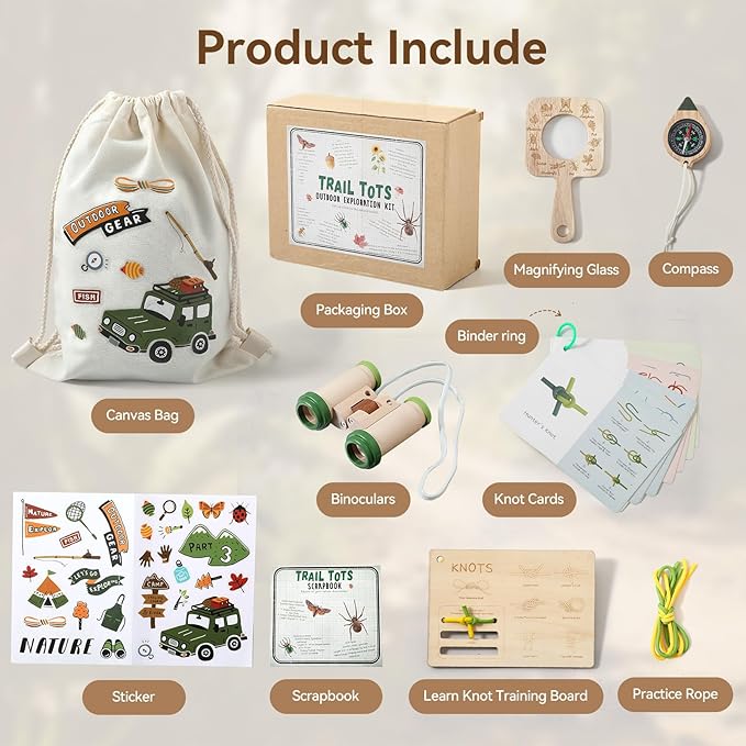 WOODEN TEETHER Kids Explorer & Adventure Kit for Ages 4–8, Wooden Knot Board (7 Step Cards) & Scrapbook, with Binoculars, Compass & Magnifying Glass, STEM Nature Exploration Toy