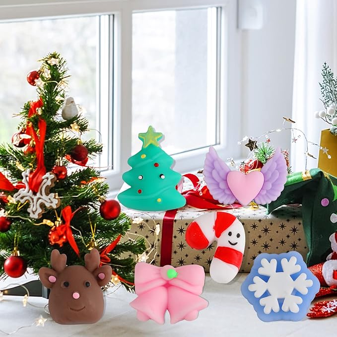 KINGYAO Squishy Fidget Toys, Mini Mochi Squishies 24 Pcs Party Christmas Mochi Favors for Kids Kawaii Snow Man Squishy Stress Relief Toys with Storage Box