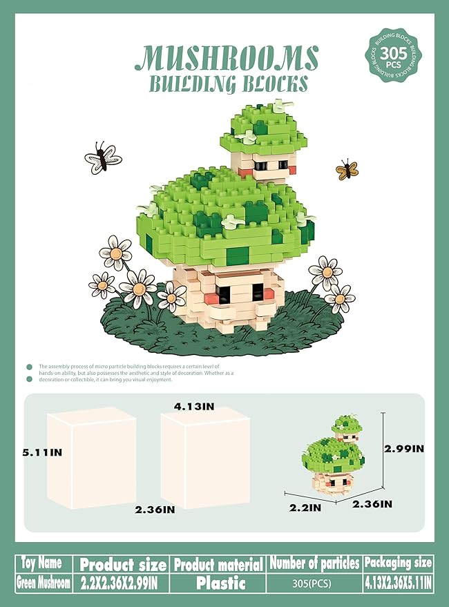 Green Mushroom Mini Cute Mushroom Animals Building Toy Set Adorable Plant Blocks for Creative Play Bonsai Botanical Collection