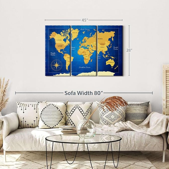 ElephantStock Yellow Longitude World Map Multi Piece Canvas - 3 Panel Wall Decor - Map of the World Art - Canvas for the Office and Home - 45" X 28"