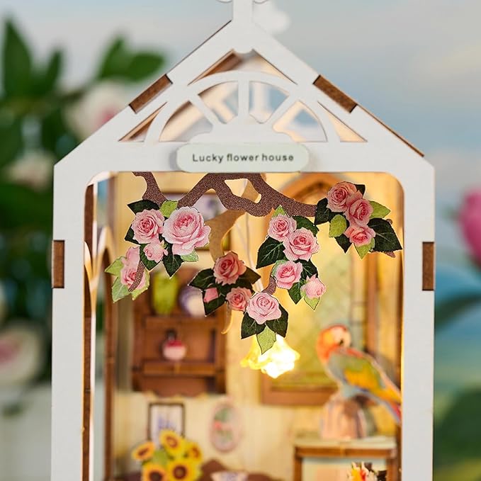 DIY Book Nook Kit, 3D DIY Miniature Dollhouse Kit, Wooden Booknook Bookshelf Insert Decor, Wood Dollhouse Bookend Model, Gift for Adults, Garden House
