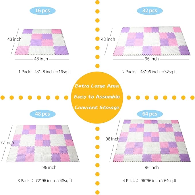 Foam Floor Mats for Kids, 12 x 12 Inch 16 Tiles 0.4" Thickness Foam Play Mat, Non-Toxic Square Interlocking Floor Mats Rubber Baby Play Mat for Toddlers(White/Pink/Purple)