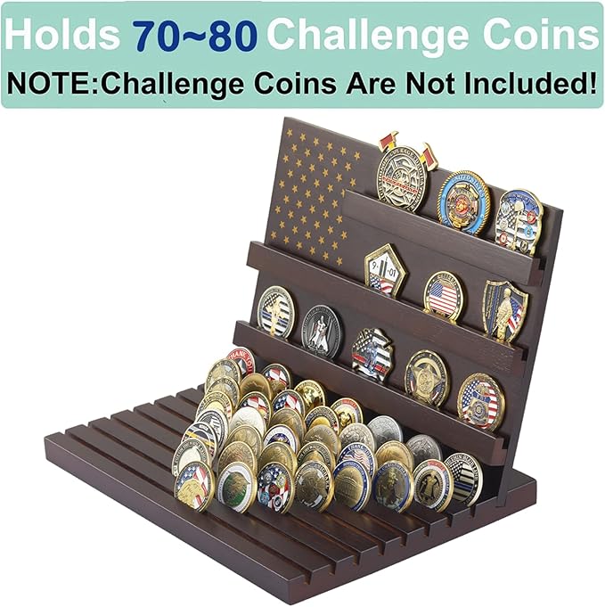 PiaoHao Challenge Coin Display Stand Military Coin Holder Wooden Rack Holds 80 Coins