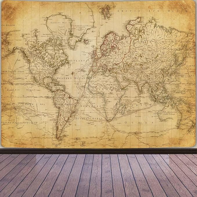Old World Map Tapestry, Vintage World Map Geographical Distribution Tapestry Wall Hanging, Brown Historical Atlas Educational Poster Classroom Large Tapestries Office Decor 90x70