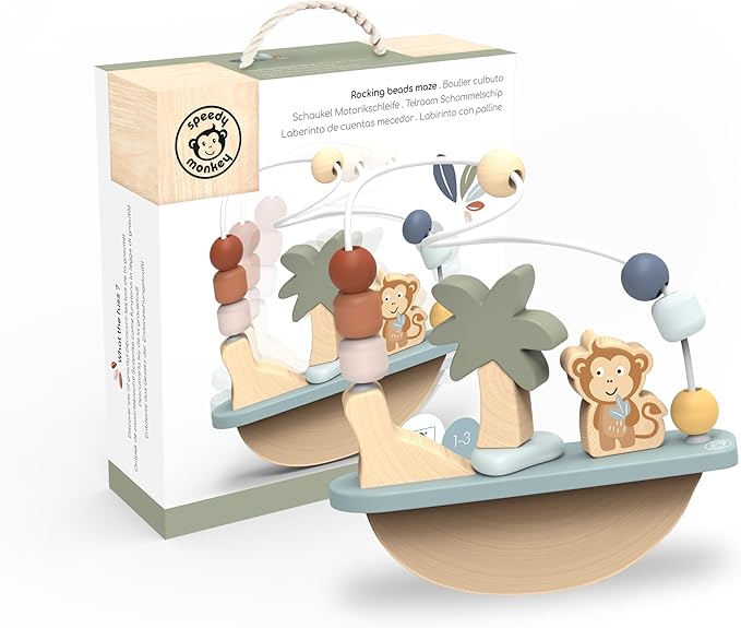 Speedy Monkey Rocking Beads Maze – Soft Colored Wooden Monkey Bead Maze, Gently Rocks and Twists, 7 Beads for Dexterity and Coordination, Non-Toxic Paint, Ideal for Kids 1-3 Years, Educational Toy