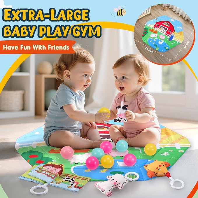 Farm Animal Baby Gym Play Mat, 9-in-1 Tummy Time Mat with 7 Baby Toys, Washable Baby Activity Mat for Visual, Sensory, Motor Development, Newborn Baby Toys Gift for Toddler 0-3-4-6-9-12 Months