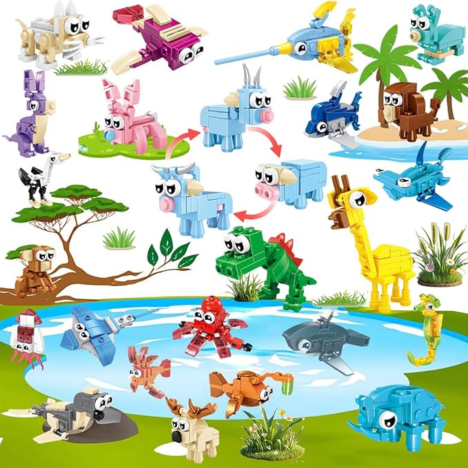 24 Pack Party Favors for Kids, 72 Animal Mini Block Sets， Classroom Goodie Bags, Carnival Prizes, Easter, Birthday Favors for Boys Girls Ages 6-12