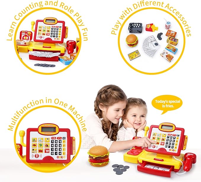 FS Toy Cash Register for Kids, with True Barcode Scanner & Calculator Toys, Pretend Play for Toddlers 3-5, Shopping Playset, Kids Cash Register with Credit Card for Boys and Girls