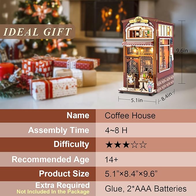 Book Nook Kit Coffee House, DIY Booknooks Kit for Adults Women Girls Teens, Bookshelf Diorama Miniature Scenes Insert Decor with LED Light, Miniature House Kit Wooden Crafts Gifts