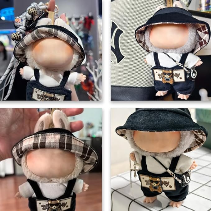 17cm Clothes Set, Cute Hat Unique Pocket Design Overalls Dress up Set(NO Doll), Handmade Clothing Designed for 17cm Doll (Black Set)