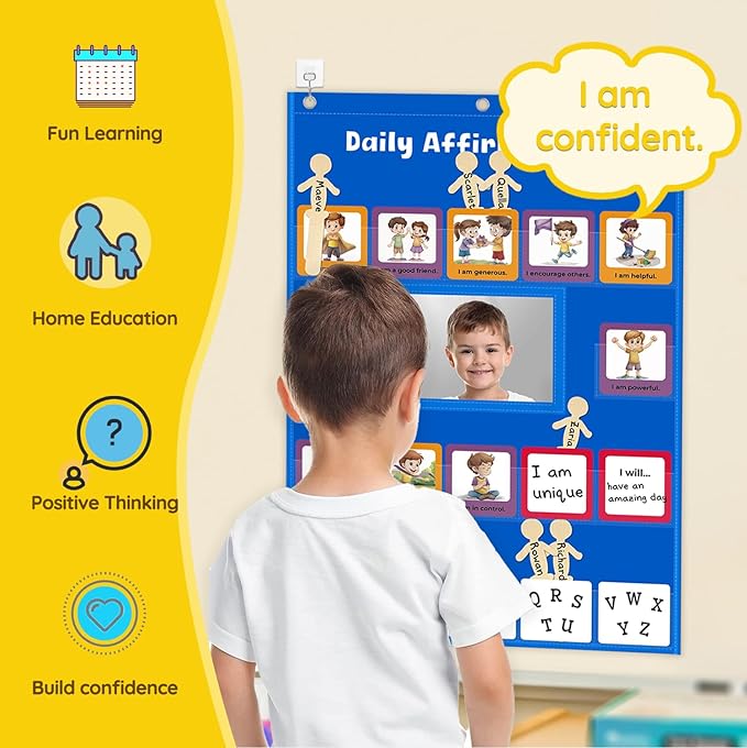 Daily Affirmations for Kids Pocket Chart with Mirror Large Pocket Chart for Classroom, Mindfulness Affirmation Mirror for Toddler with 47 Cards Calm Down Corner Supplies (Blue)