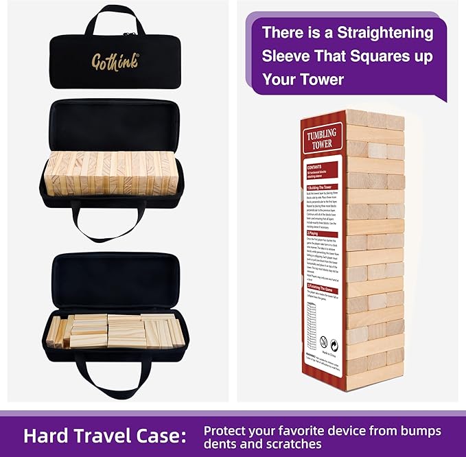 GOTHINK Tumble Tower Game for Kids and Adults, 54pcs Wooden Board Stacking Game for Family Games Night, Classical Wood Blocks Game, Standard Size with Storage Bag