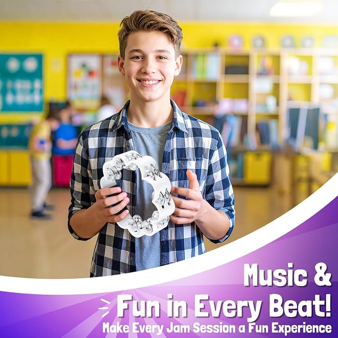 Flexzion Flower Tambourine - 8 Inch Handheld Percussion Instrument w/Metal Jingles & Ergonomic Grip - Small Tambourines for Adults, Kids, Church, Parties, & Musical Events (7 Color Pack)