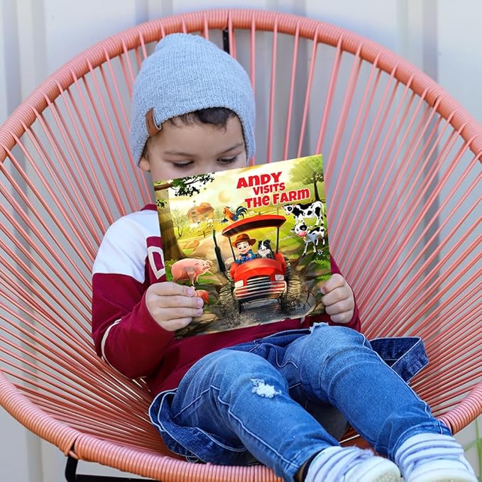 Personalized Storybooks by Dinkleboo - Visits The Farm - Your Child Joins Mr. Gray On A Trip Around The Farm - for Children Aged 0 to 8 Years Old - Soft Cover - Smooth, Glossy Finish (8"x 8")