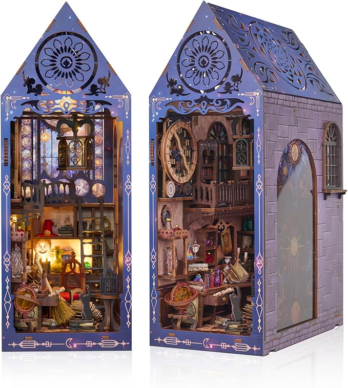 DIY Book Nook Kit, Miniature Bookshelf Decor with LED Lights, Laser-Cut Wooden Craft Set for Adults, Creative Gift for Christmas, Birthday, Time Castle