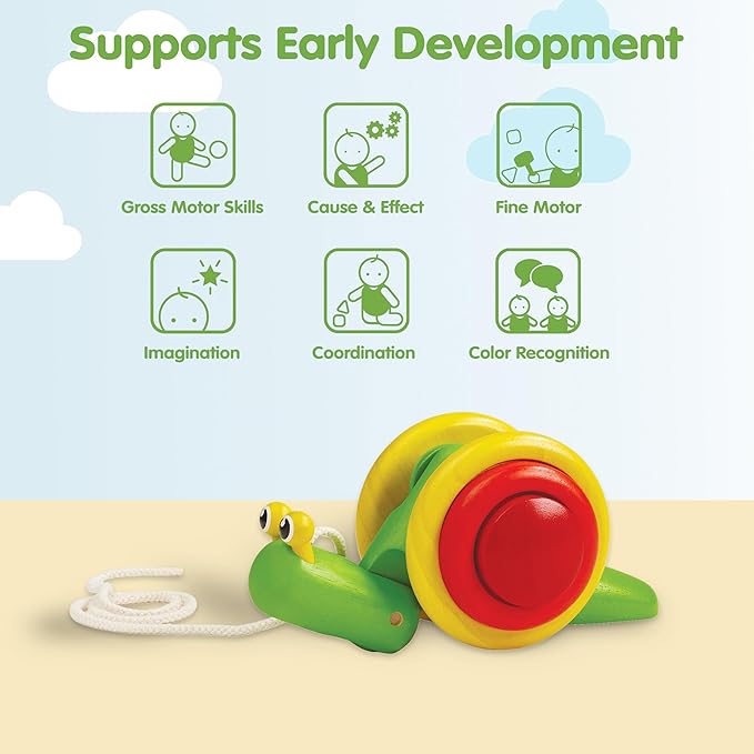 PlanToys® Snail Pull Toy for Toddlers | Eco-Friendly Wooden Toy for Fine Motor Skills & Coordination | Montessori Walking Toys for Babies