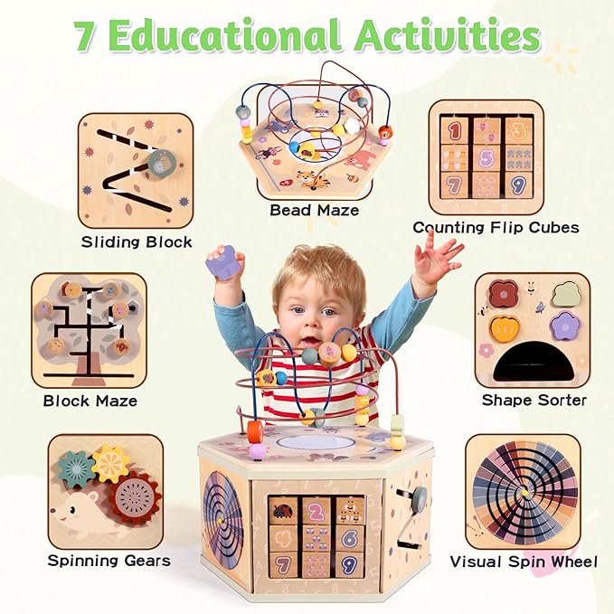 aiwo 7-in-1 Activity Cube for Toddlers 1-3 Montessori Toys, Wooden Large Activity Center for 1 Year Old Baby, Educational Sensory Learning Toys for Boys and Girls Birthday Gifts