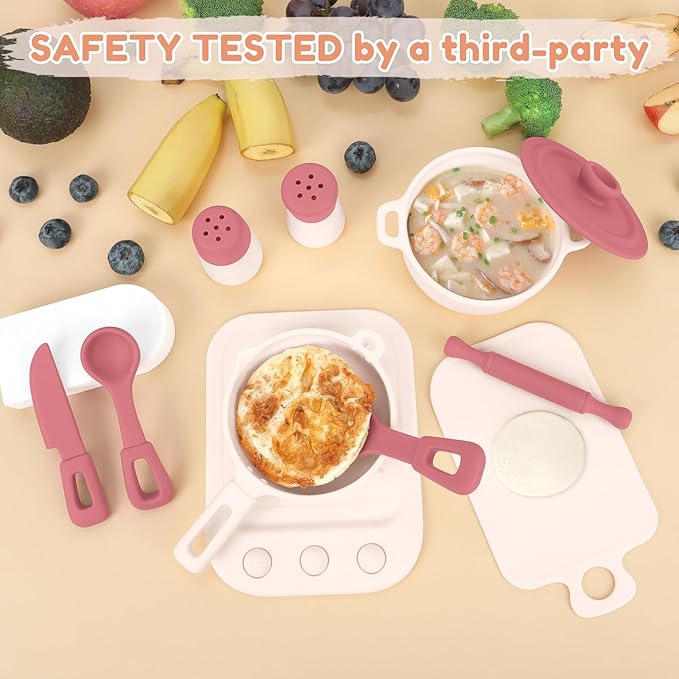 TYRY.HU Play Kitchen Accessories, 11Pcs BPA Free Silicone Pretend Play Food Sets, Play Kitchen Set,Play Kitchen Cooking Utensils Pots & Pans, Pretend Role Play Cooking Toys Gifts for Toddlers 1-3,Pink