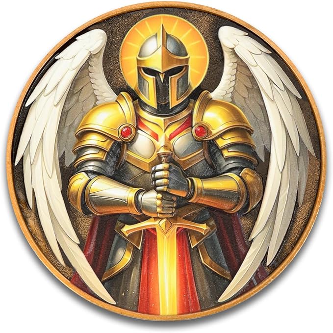 St Benedict Coin & Angel Warrior Metal Token Set - Christian Religious Medallion with Latin Prayer & Fantasy Archangel Design