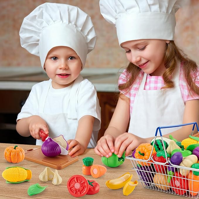20 Pcs Pretend Play Cutting Food Set Toys for Boys Girls Toddlers Age 3 4 5 Kitchen Set Fruits Vegetable with Stainless Steel Basket