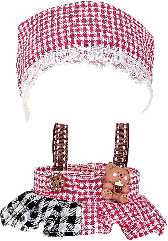 17cm Doll Clothes Set, Compatible with Labubu, Floral Dress with Lace Trim, Headband & Bear Charm Accessory (NO Doll) (Red Gingham)