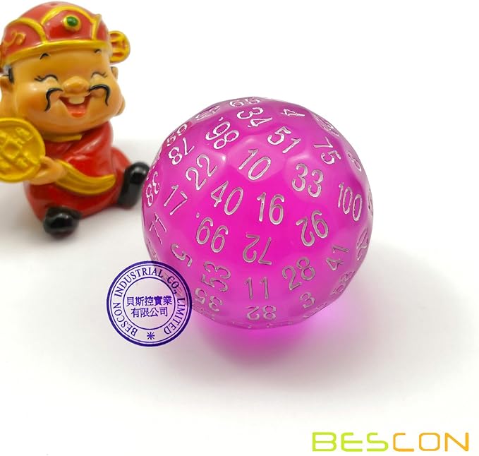 Bescon Translucent Polyhedral Dice 100 Sides, Transparent D100 die, 100 Sided Cube, D100 Game Dice,100-Sided Cube of Purple