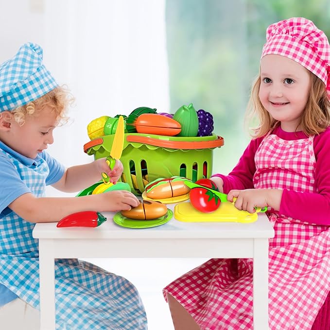 100 PCS Cutting Play Food Toy for Kids Kitchen, Pretend Food Toys for Toddlers, Play Kitchen Toys Accessories with 2 Baskets, Fake Food/Fruit/Vegetable, Birthday Gifts for 3 4 5 6 Years old Girls Boys