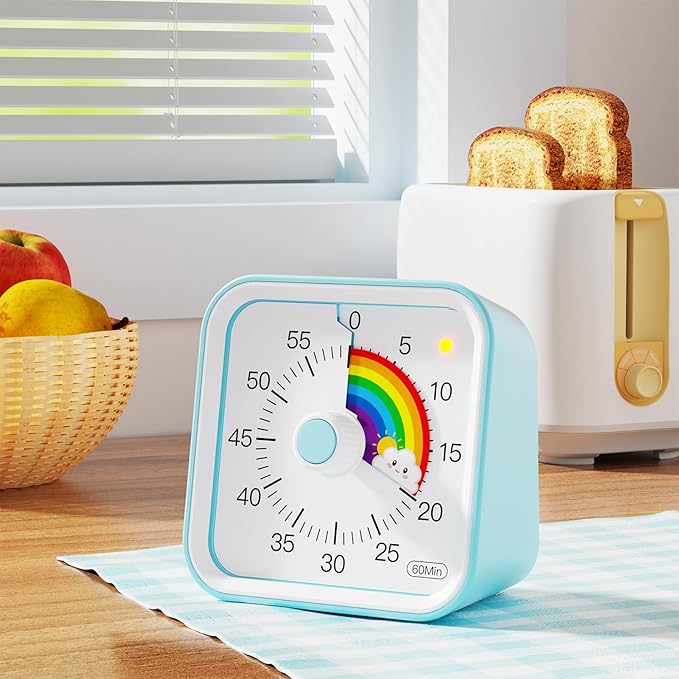 Visual Timer for Kids with Pause Function, Cute Silent Timer with Rainbow for Classroom, Teaching, Task, Kitchen, 60 Minute Countdown Time Management for ADHD (Rainbow Blue)
