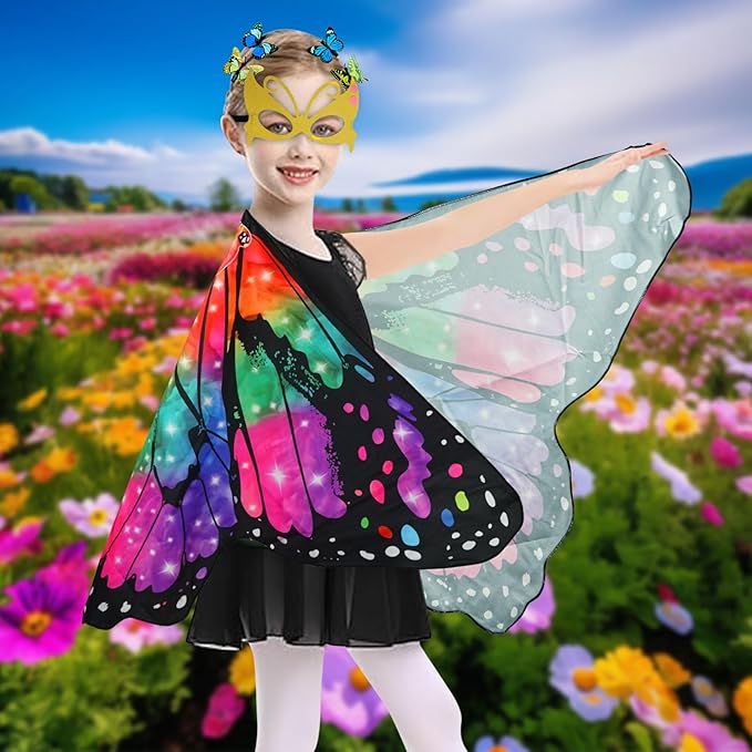 Butterfly Costume for Girls Fairy Wings Kids 4 Pcs(Cape,Skirts,Masks,Hair Clips) Butterfly Wings for Halloween Gifts