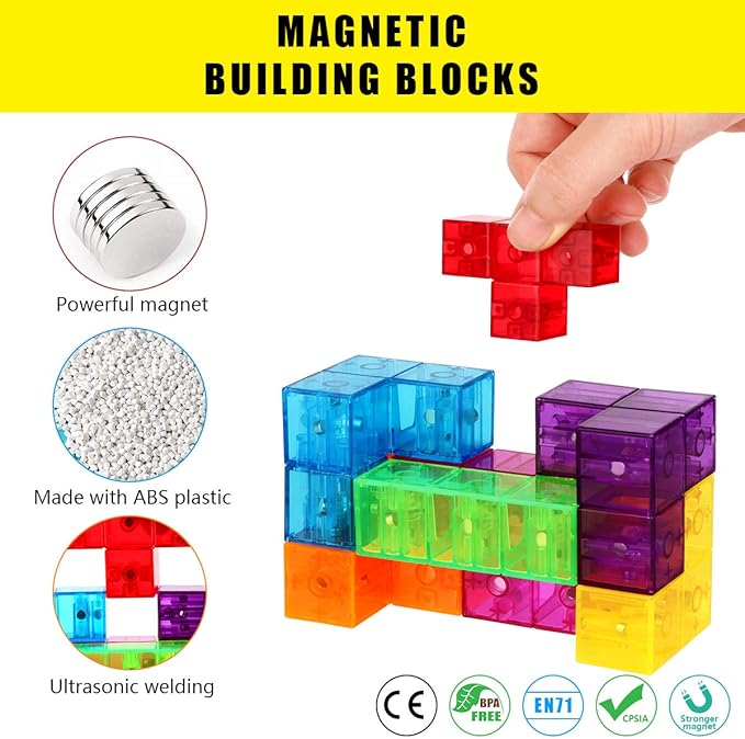 Magnetic Building Blocks Magic Magnetic 3D Puzzle Cubes, Set of 7 Multi Shapes Magnetic Blocks with 54 Guide Cards, Intelligence Developing and Stress Relief Fidget Toys
