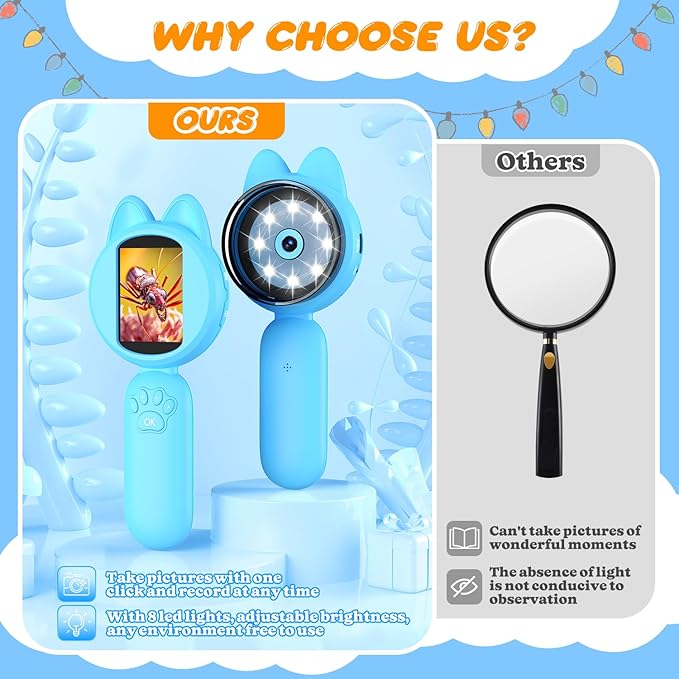 Magnifying Glass for Kids, 100X Handheld Microscope with 2" LCD Scrren, Kids Magnifer with 8 LED Lights, Christmas Birthday Gifts for Children