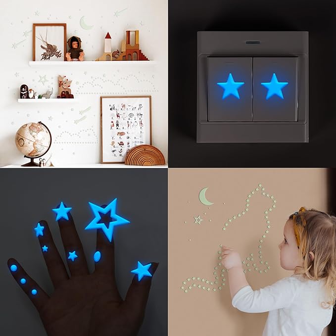 447 PCS Glow in The Dark Star Stickers Luminous Decor,3D for Ceiling,Dots for Starry Sky Glowing Stars for Kids Room for Ceiling Realistic Domed Star.Party and Birthday Gift.Blue Light