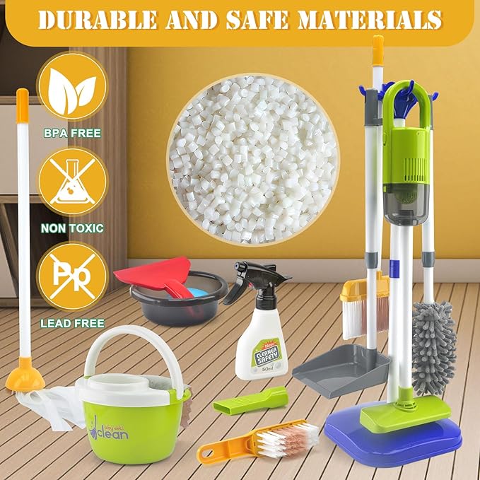 Toddler Cleaning Set, Kids Cleaning Toy Set with 2 in 1 Kids Vacuum That Really Works, Mop, Broom, 14Pcs Pretend Play Home Cleaning Playset for Toddler Ages 3+, Birthday Gift for Girls Boys (Blue)