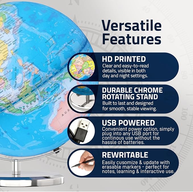 LED Illuminated World Globe with Chrome Rotating Stand – 3-in-1 Educational Tool for Kids & Adults, Interactive Learning Globe with Constellation Map, Lighted Display, 9.5 Inch