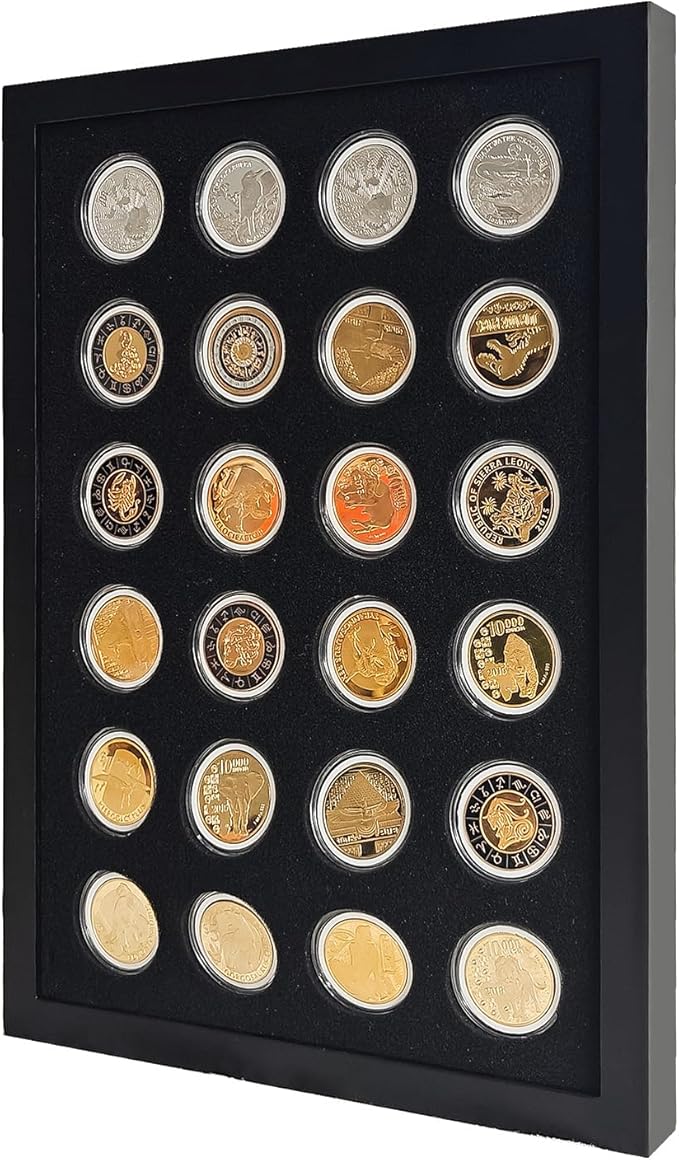 Challenge Coin Display Shadow Box,Military Coin Holder,Challenge Coin Holder Display,Casino Chip Display Case Cabinet Holder, Wood Frame, Tempered Glass Panel,with 24 Coin Capsules,Black Finish.