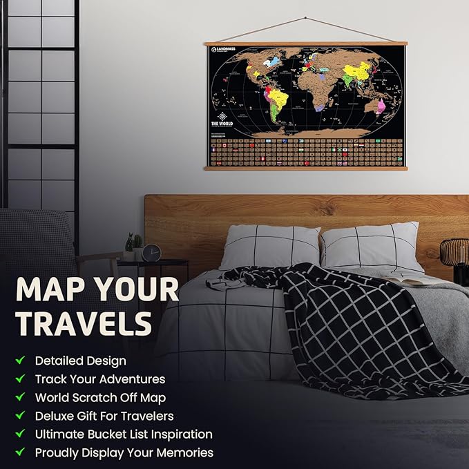 Landmass Scratch Off World Map, with Wood Hanger Frame, Extra Large 36x24 Inch Travel Map Poster, Scratchable Flags and Countries, Wall Art for Travelers, Adventure Gift for Home or Office Decor