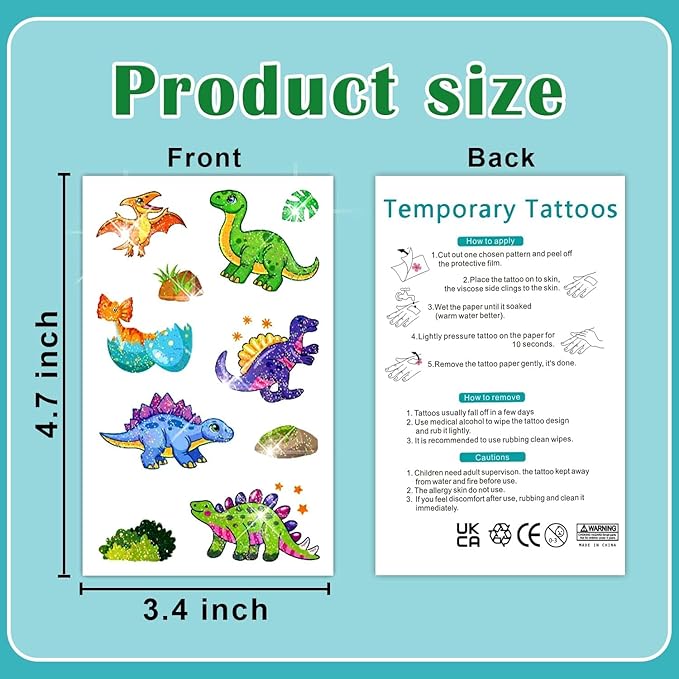 Partywind 120 Glitter Styles Dinosaur Tattoos for Kids Party Supplies, Dinosaur Birthday Party Favors Decorations, Fake Tattoo Stickers for Boys and Girls (12 Sheets)